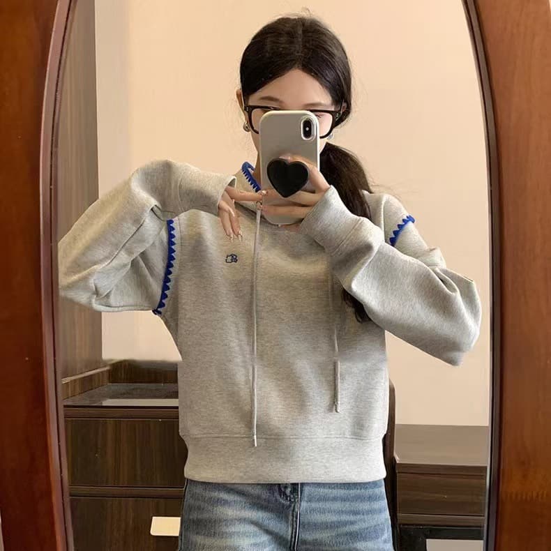 Autumn and winter ADER small label embroidery fake two-piece hooded sweatshirt short lazy shell embroidered hoodie women's trendy casual and versatile