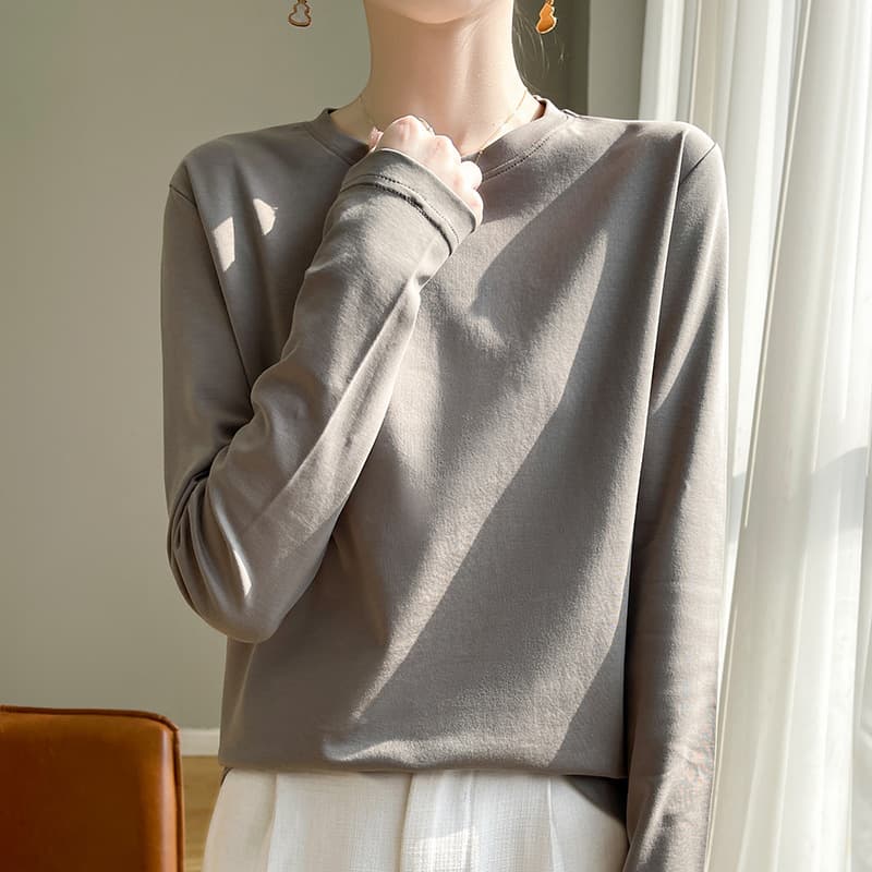 Spring/Summer Cotton Long-Sleeve Knit T-Shirt for Women, Round Neck, Loose Fit, Plus Size, Versatile Basic Top, Layering Tee
