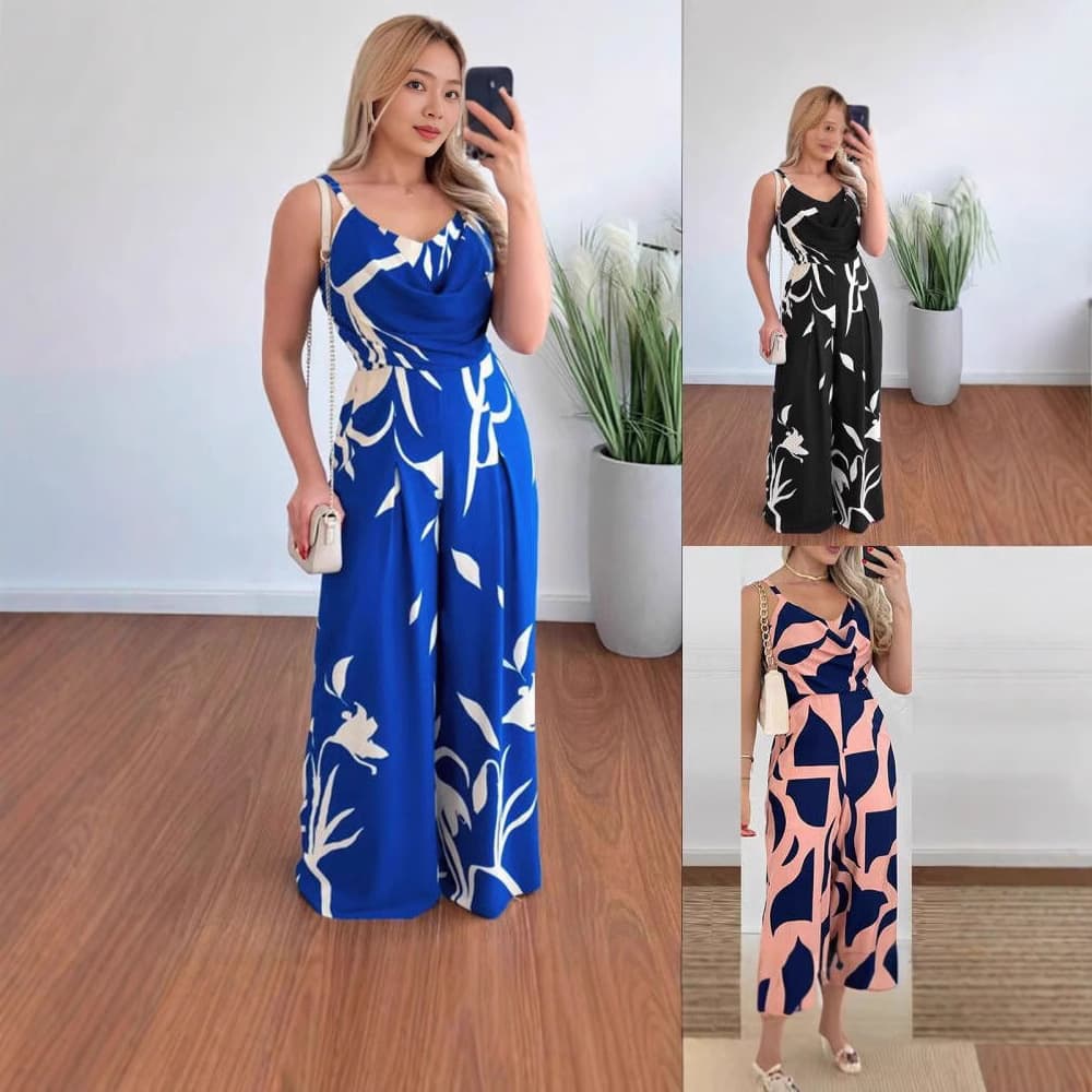 2025 Cross-border AliExpress European and American Summer Fashion Temperament Suspender Backless Waist Wide Leg Jumpsuit Women