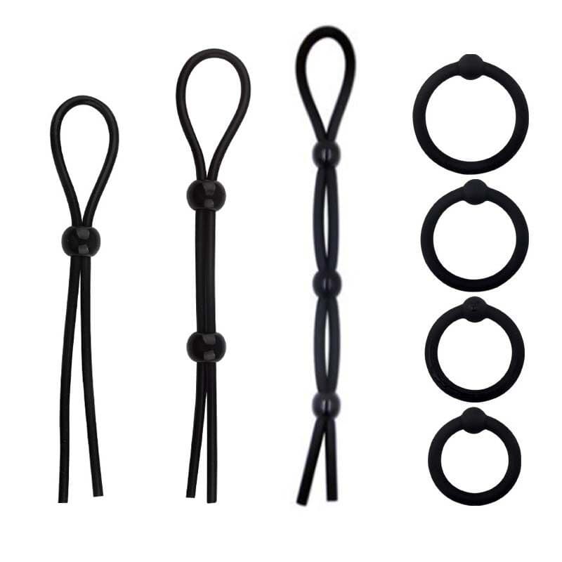 Men's Silicone Chastity Rope and Cock Ring 7-Piece Set, Multi-Bondage Penis Ring Adult Toy