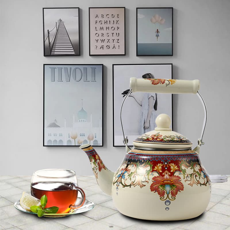 Factory Stock Wholesale, 2.5L Pear-Shaped Pot, Premium Floral Ceramic Handle, Enamel Kettle, Xinjiang Floral Pattern