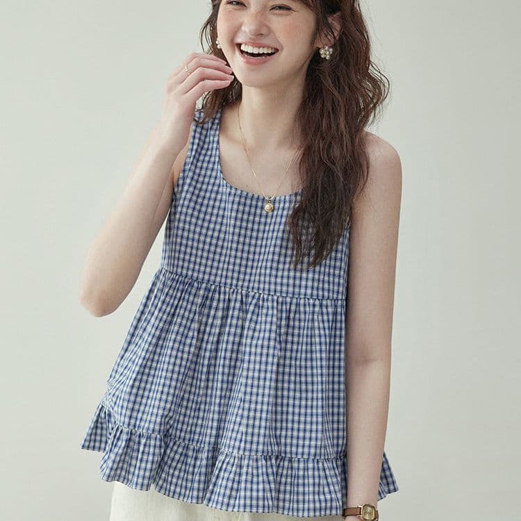 2026 New Plaid Korean Sweet Cool Vest Blue Plaid Sleeveless Blouse Women Summer Youthful Doll Shirt Top