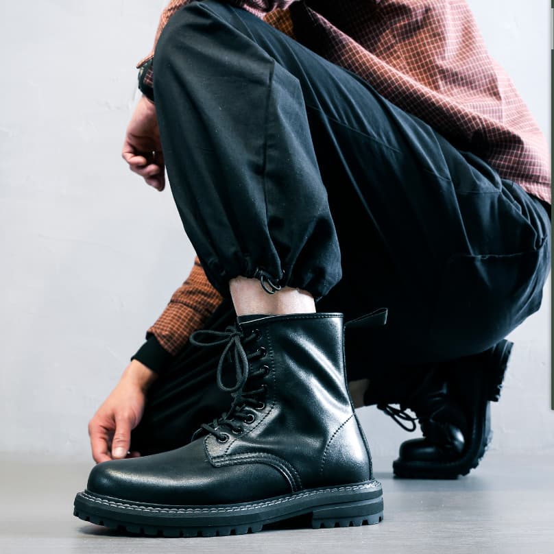 Men's Genuine Leather Martin Boots, British Style Work Boots, High-Top Leather Shoes, Black Korean Trend Versatile Motorcycle Boots