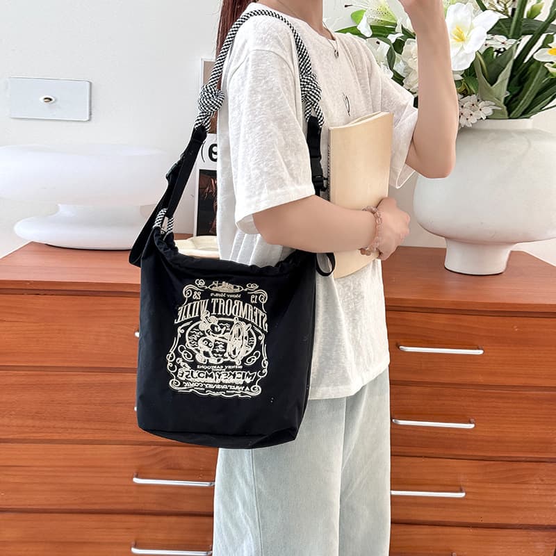 Ballchain Women's Bucket Bag, Embroidered Eco-Friendly Canvas Bag, Trendy Shoulder Bag, Nylon Crossbody Bag