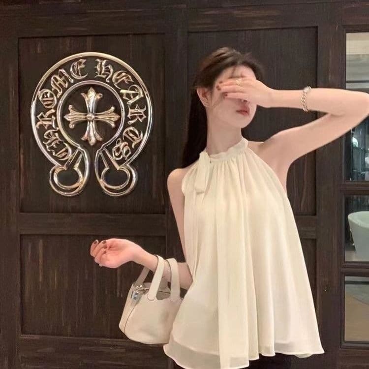 New Chinese Halter Neck Sleeveless Chiffon Blouse Women Summer Thin Light Fresh Unique Tie Top Affordable Photogenic Clothes