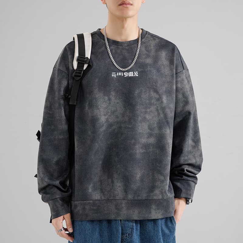 American Tie-Dye Hoodie for Men, New Spring/Fall Style, Loose Casual Vintage Distressed Crew Neck Pullover Top