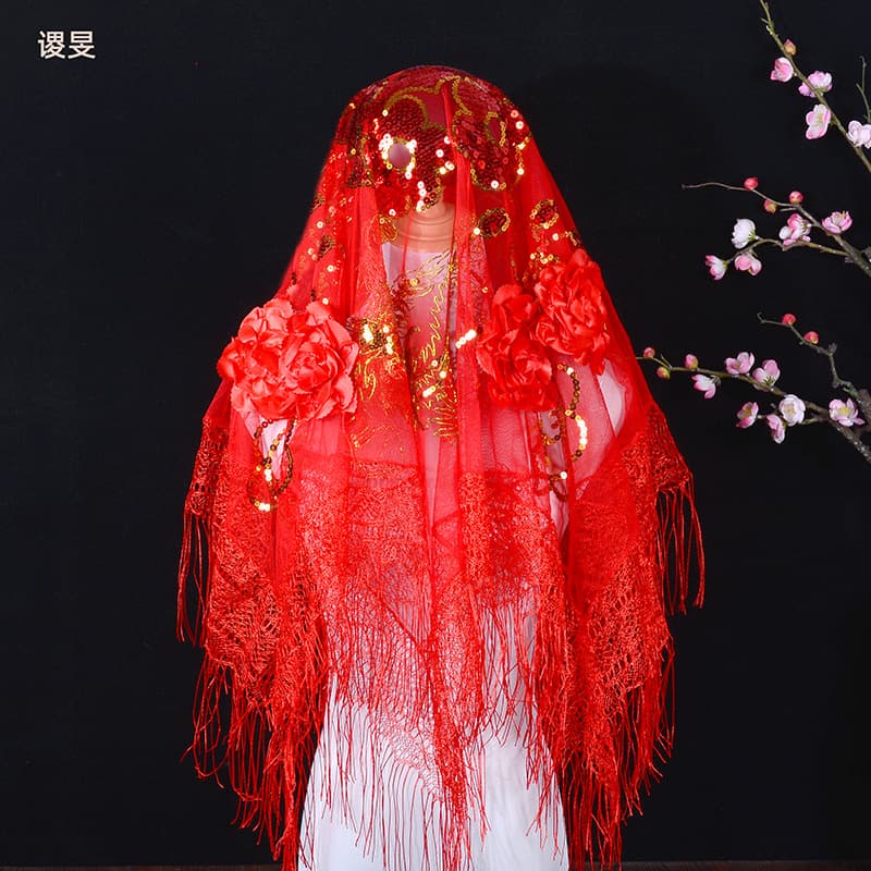 New wedding red hijab wedding supplies collection wedding hijab exquisite sequined bride red veil wholesale
