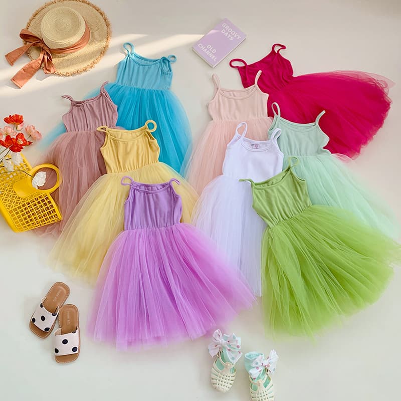 Cross-border Amazon Mesh Strap Girls Dress 2025 New Sweet Princess Dress Tutu Skirt Beach Dress