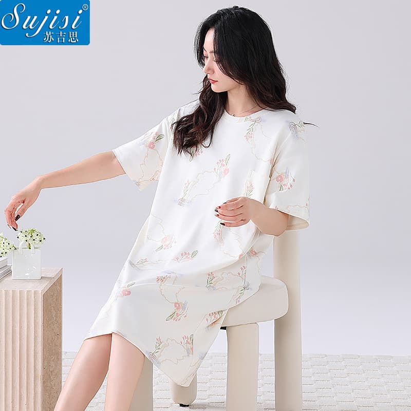 New cotton nightgown for women summer short-sleeved loose round neck home clothes can be worn outside mid-length pure cotton nightgown dress
