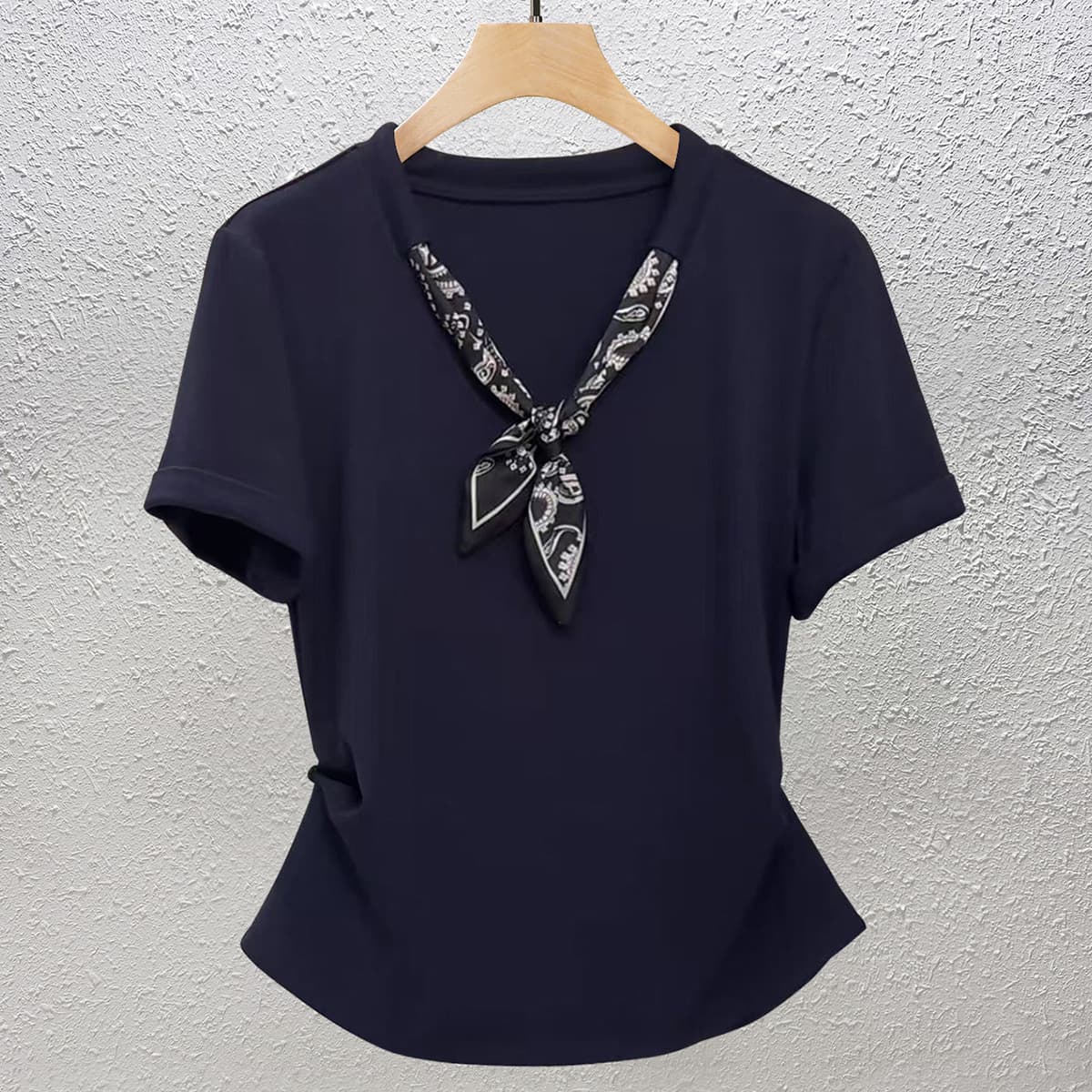 Women's Short-Sleeve T-Shirt with Scarf, 2026 Summer New Arrival, Royal Blue, European Style Plus Size Slimming Top