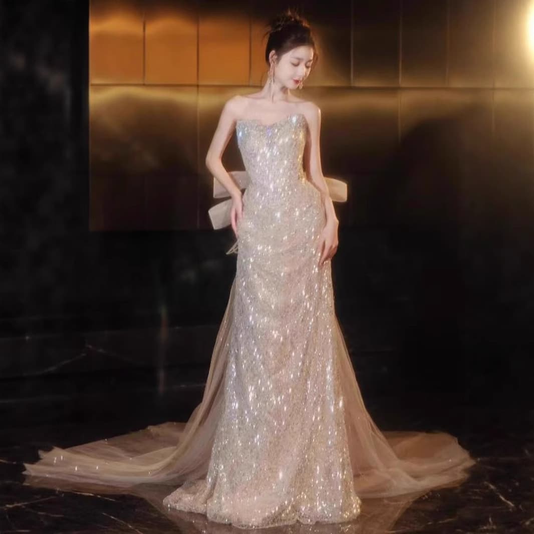Tube top toast dress 2025 new fishtail bride engagement wedding dress gold sequin host evening dress