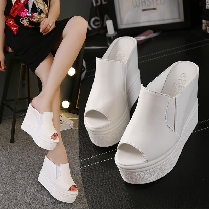 813-3 Platform Wedge Ultra-High Heels Waterproof Platform Thick Sole Peep-Toe Inner Height Increase Versatile Black Sandals Women Summer