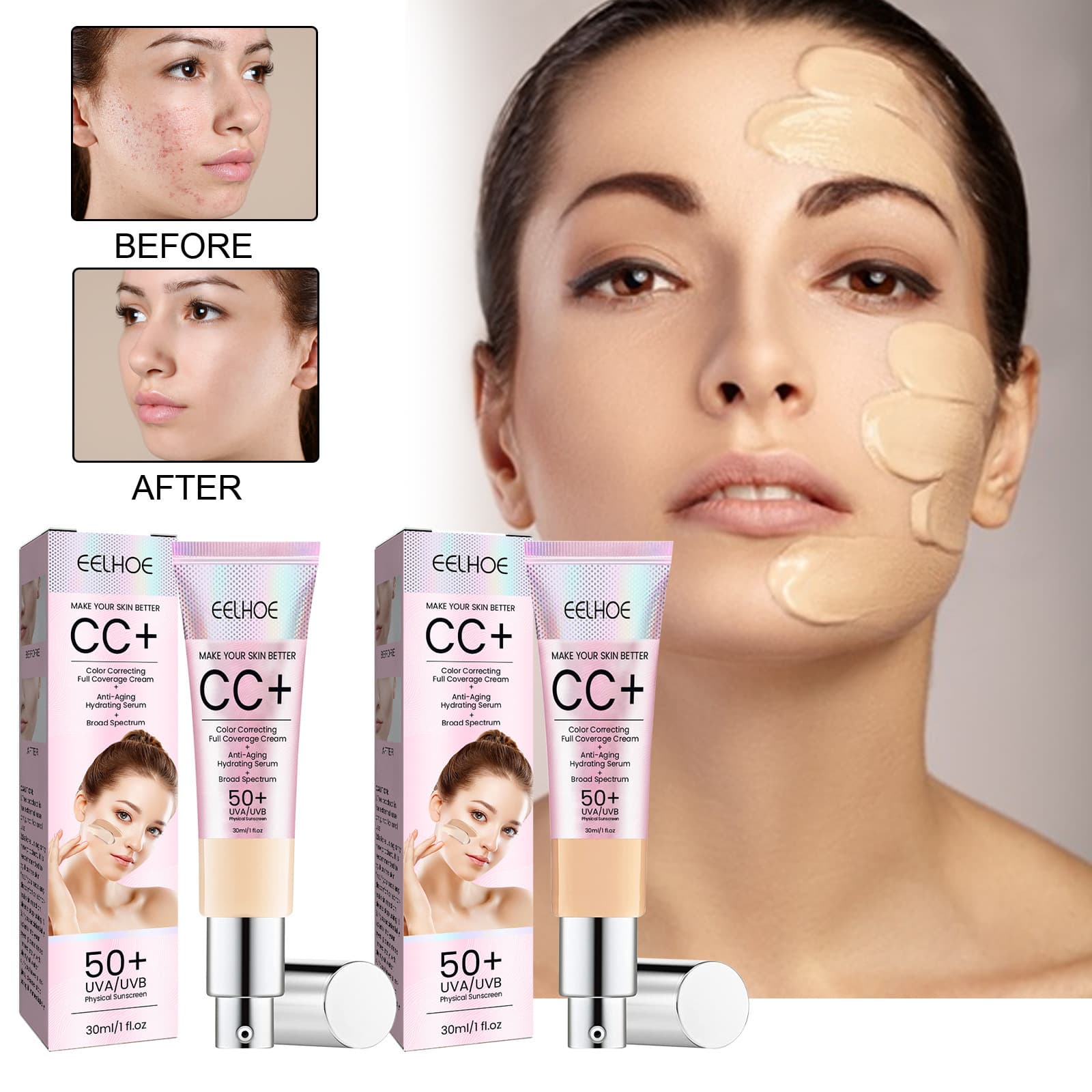 EELHOE Face Repair CC Cream, Natural Coverage, Waterproof, Long-Lasting, Hydrating and Nourishing Care, Brightens Skin