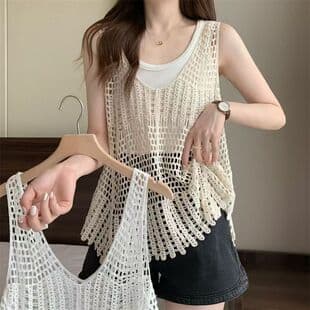 New Summer Hollow Lace Sleeveless Knit Tank Top for Women, Niche Versatile Slimming Layering Loose Top