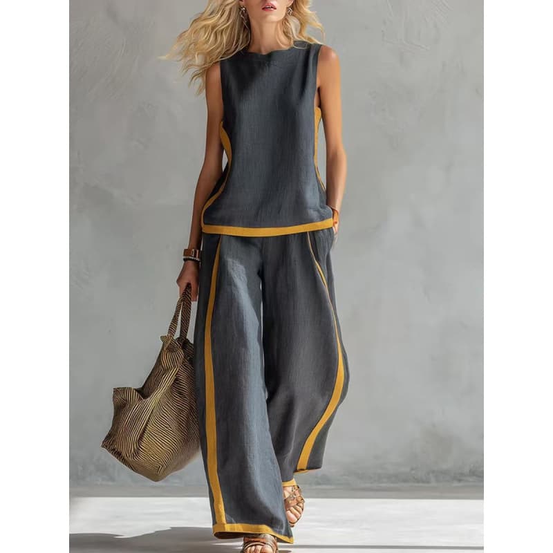2026 New European and American Style Sleeveless Contrast Color Wide-Leg Pants Set Women's Summer Casual Fashion Two-Piece Cross-Border Trendy Style