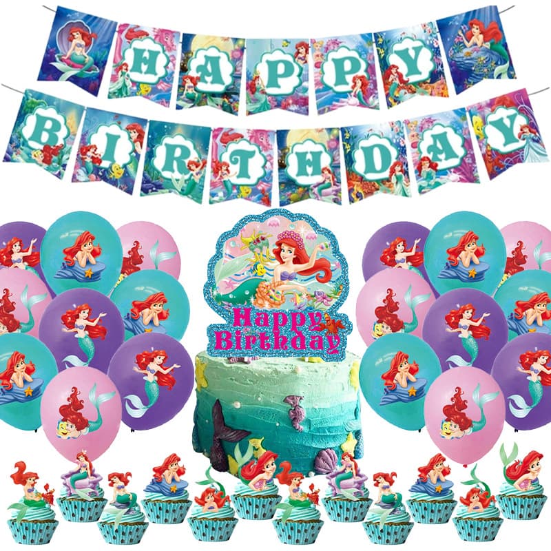 Cross-Border Little Mermaid Princess Theme Latex Balloon Set Children's Birthday Flag Cake Insert Party Set