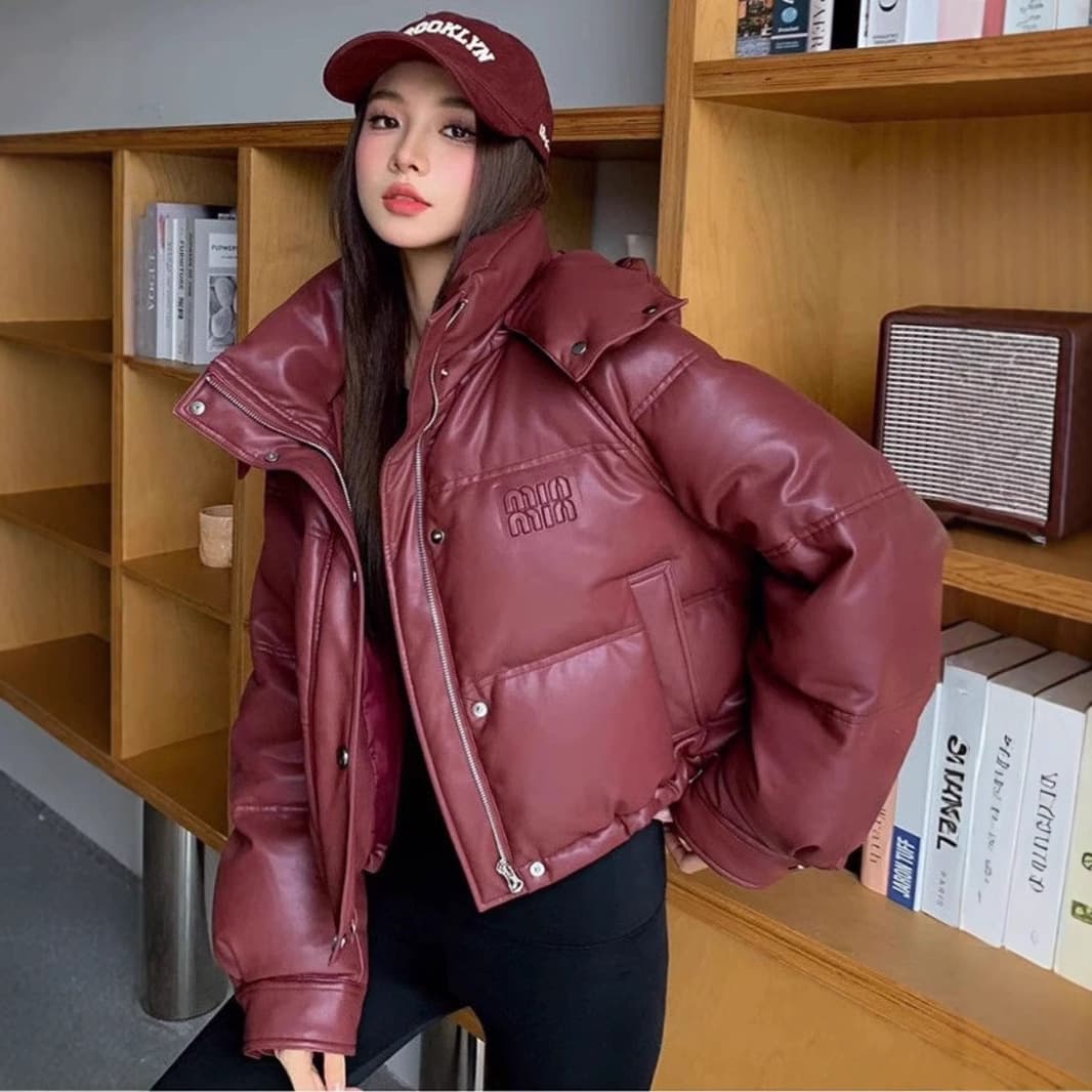 Ankora Red PU Quilted Jacket Women 2024 New Winter Short Hooded Thickened Leather Puffer Coat Cotton Padded Jacket