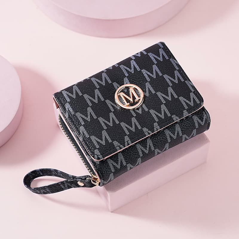 2025 Fashion Printed Letter Tri-Fold Multi-Card Slot Chain Strap Women's Wallet Retro Short Wallet Korean Style