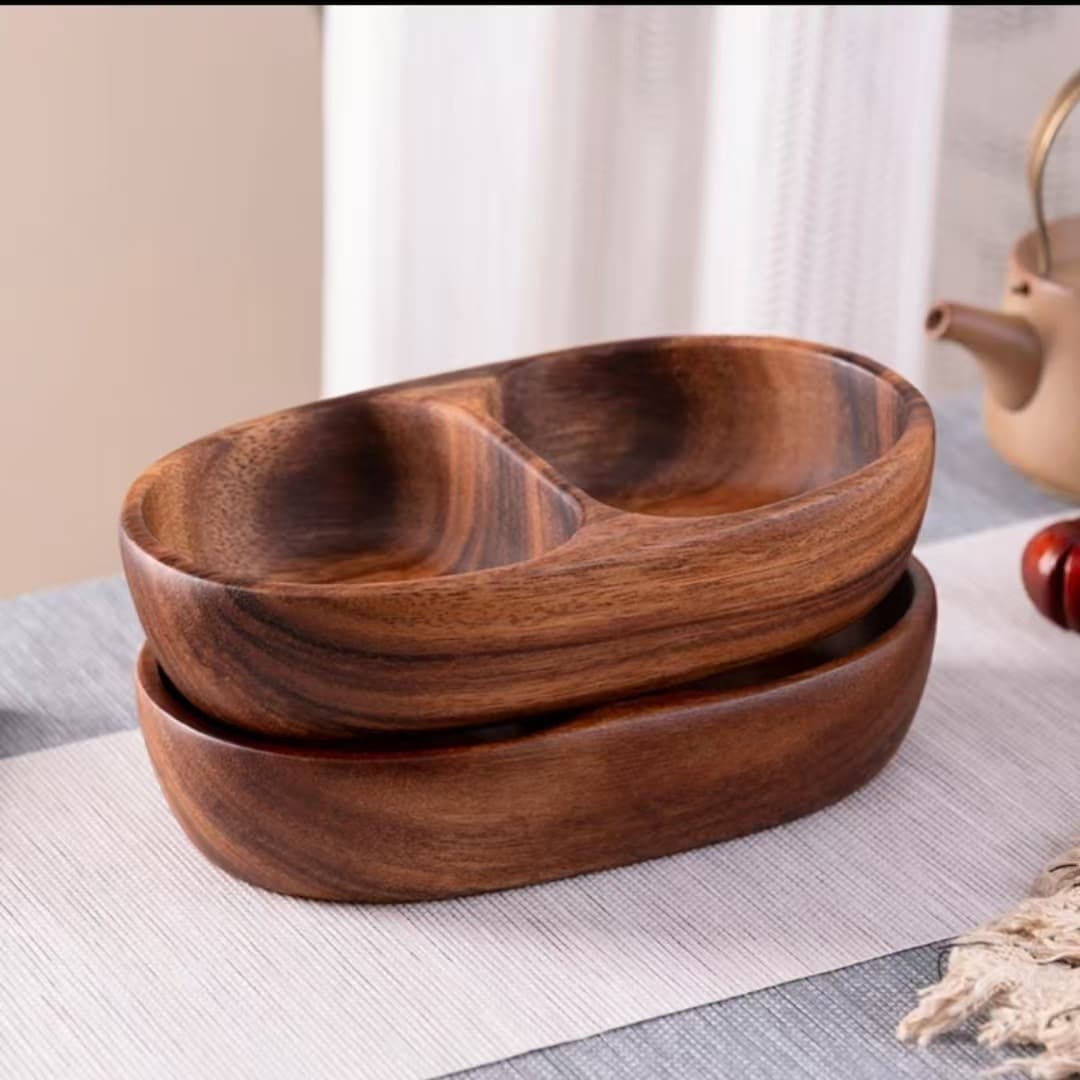 Walnut wood boat-shaped dual-compartment dish, solid wood divided serving plate for snacks and fruits