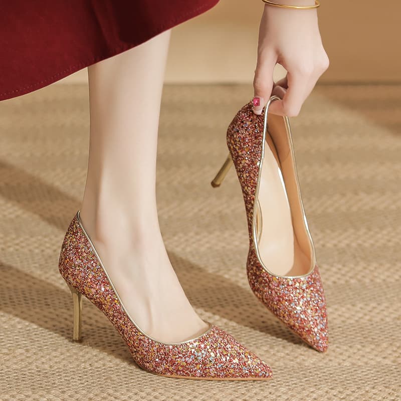 2026 Red High Heels Women Thin Heel Xiuhe Wedding Crystal Sequins Wedding Shoes Thin Heel Shallow Mouth Simple Shoes