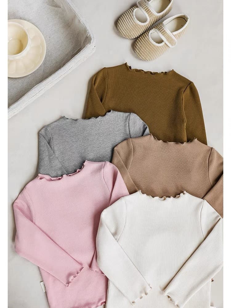 AINI Girls Faux Cashmere Base Layer Striped Stretch Korean Style Spring Autumn Ruffle Trim Mia Toddler Kids Top