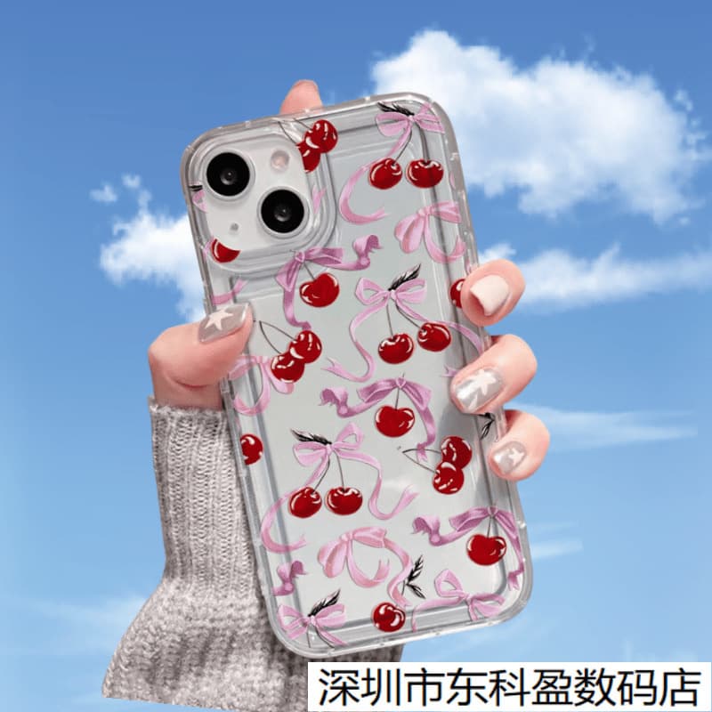 Bow cherry design full-coverage phone case for Apple 17 Pro, 16 Pro Max, lightweight luxury models 14, popular 13, and soft 12 Pro.