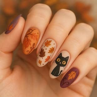 American Cartoon Black Cat Maple Leaf Short Oval Nails Fair Skin Warm Tone Retro Fake Nails Autumn Style Trendy Nails 24