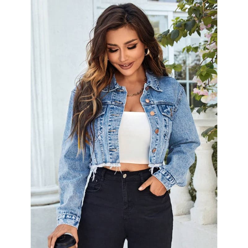 New Cross-border Trade Denim Flap Detail Frayed Short Denim Jacket