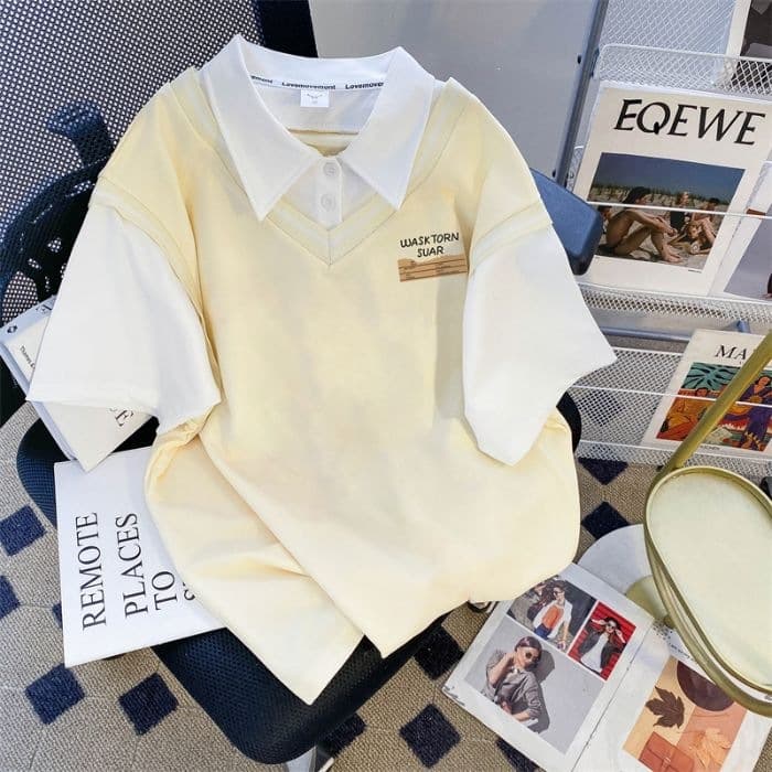 Letter Print Faux Two-Layer Polo Collar Short Sleeve T-Shirt for Women, Summer Korean Loose Plus Size Top, Trendy Ins Style