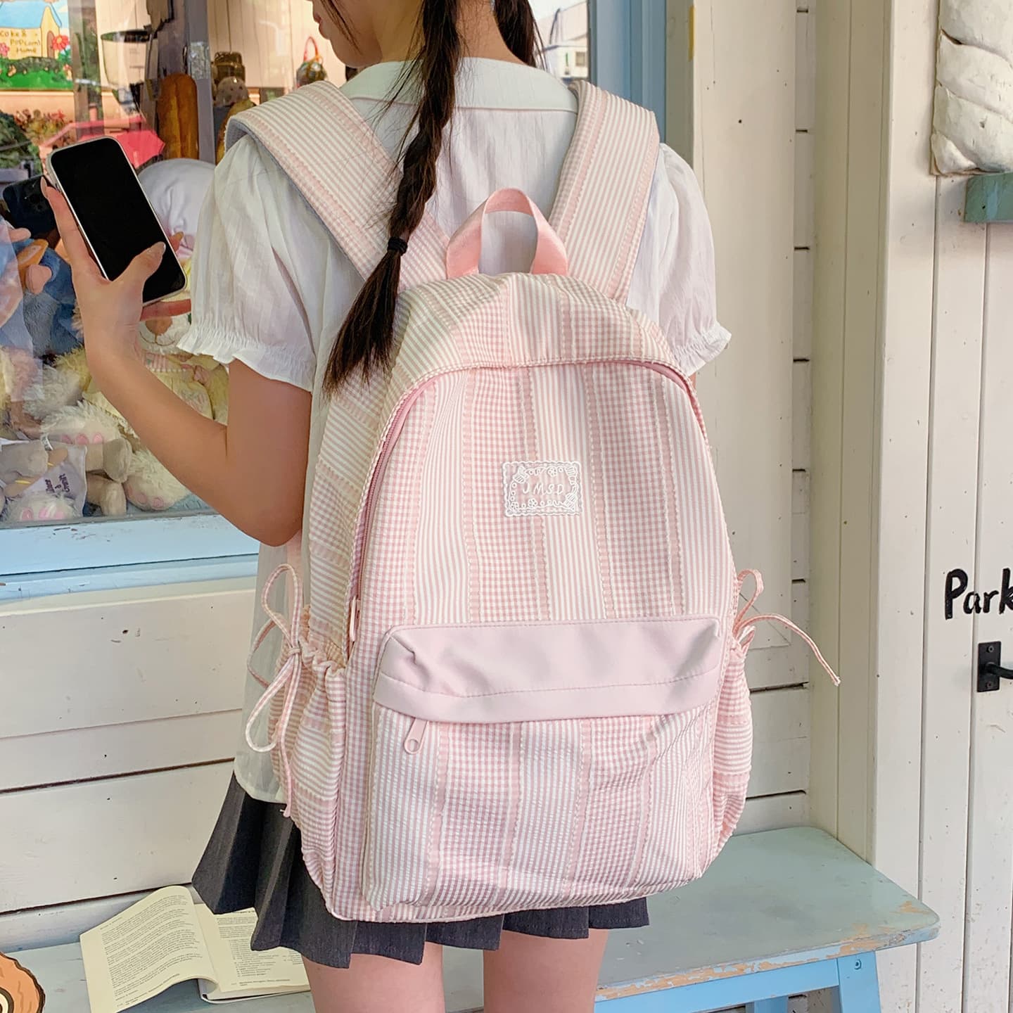 Pink and white striped bubble plaid fairy atmosphere backpack primary school bag female campus class travel backpack