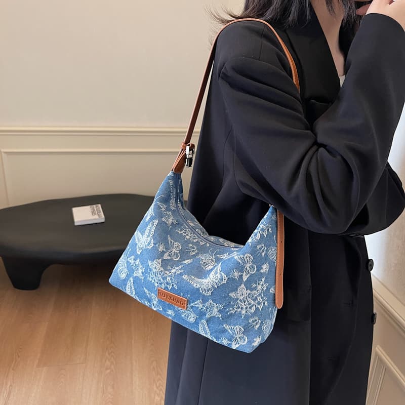 2024 Autumn/Winter New Casual Washed Denim Embroidered Handbag Shoulder Crossbody Bag for Women