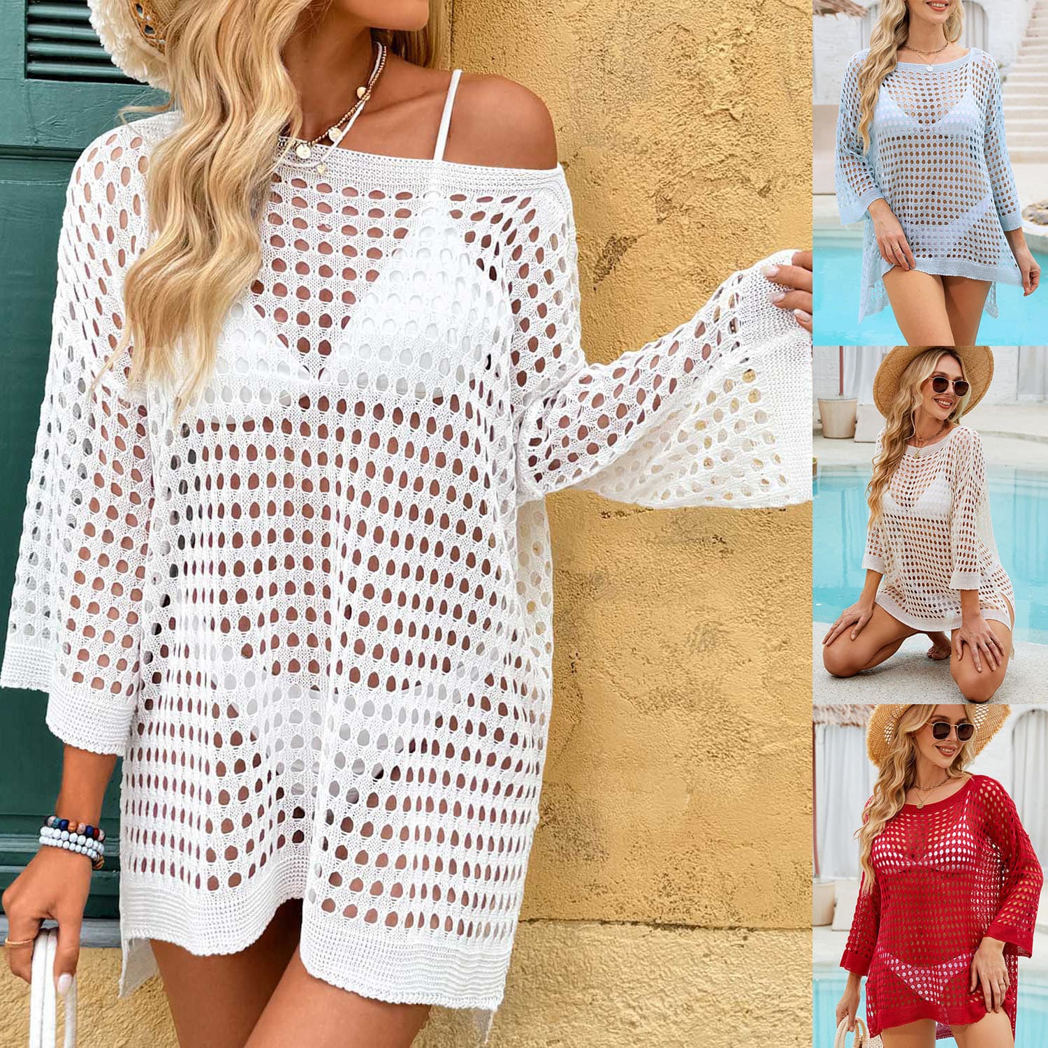 2025 New Cross-Border Long-Sleeve Beach Cover-Up Waffle Hollow-Out Cover-Up Bikini Outerwear Top