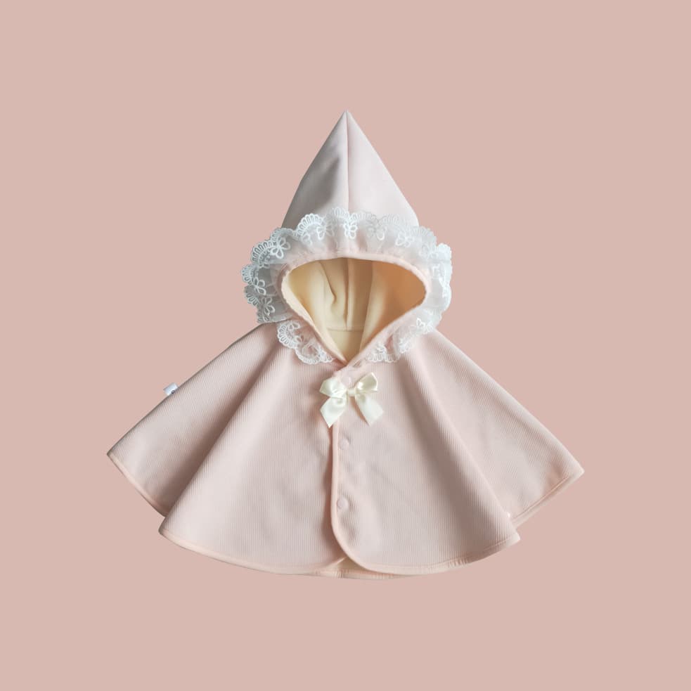 Korean style baby fleece-lined cape, autumn and winter style, lace trim, hooded cape, warm fleece-lined cloak.