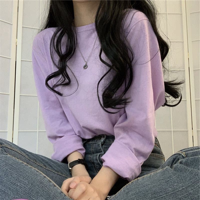 2026 Spring and Autumn Korean Style New Solid Color Long Sleeve T-Shirt for Women, Loose and Versatile Student Clothing, Women's Tops Wholesale
