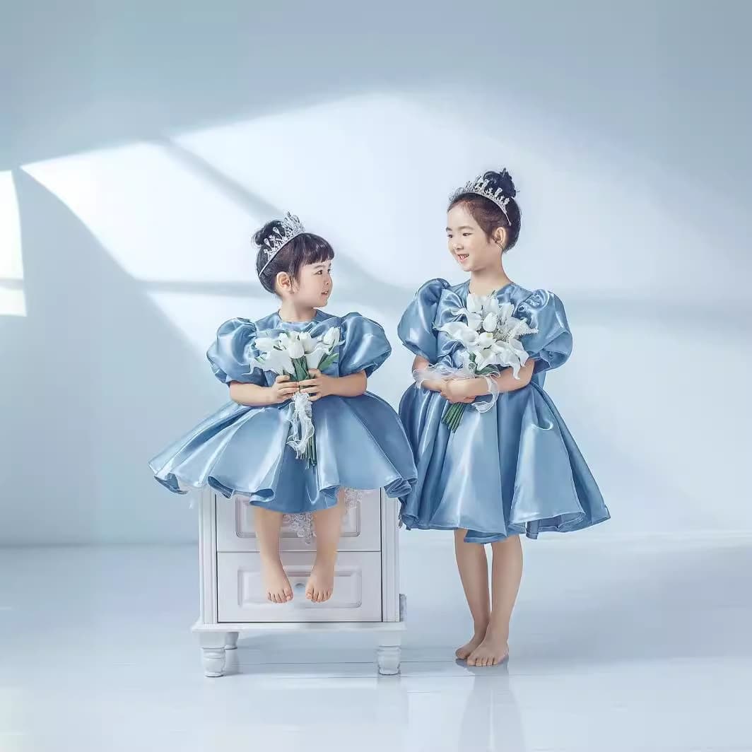 Children's dress blue satin girl princess dress glossy children's photography clothing sister outfit catwalk performance dress