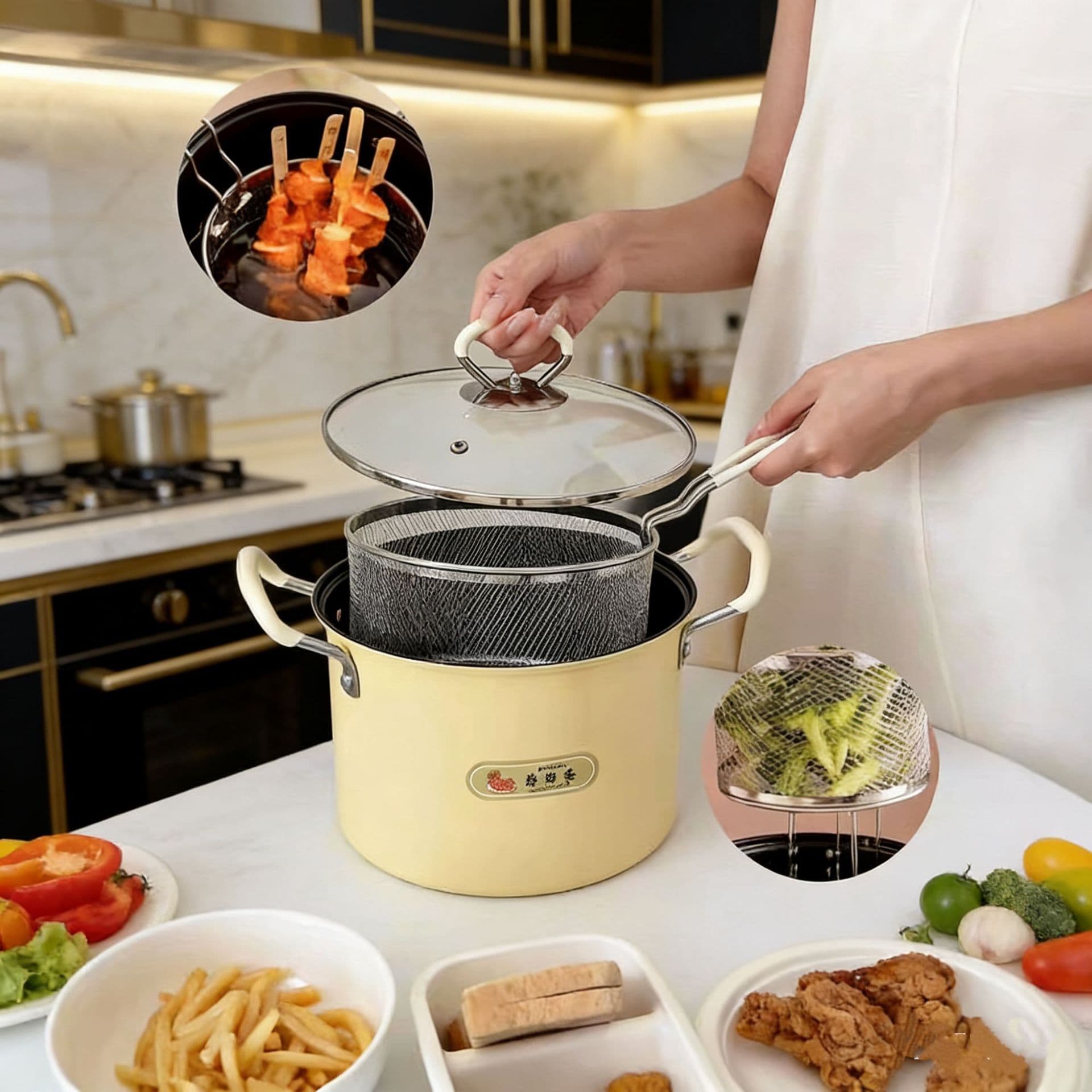 5.2L Multi-Function Home Use Deep Fryer Soup Pot Kanto Boil Skewers Tempura Oil Fry Pot Soup Pot Non-Stick Korean Style Iron