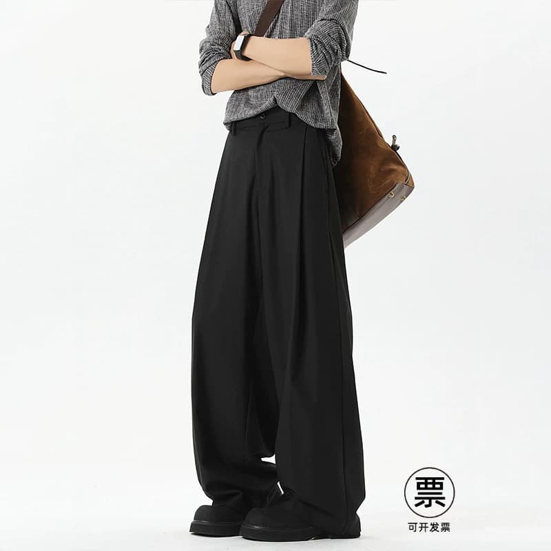 Black Pleated Dress Pants Men Spring Autumn Drape Loose Wide Leg Casual Pants Streetwear American High Street Straight Suit Pants