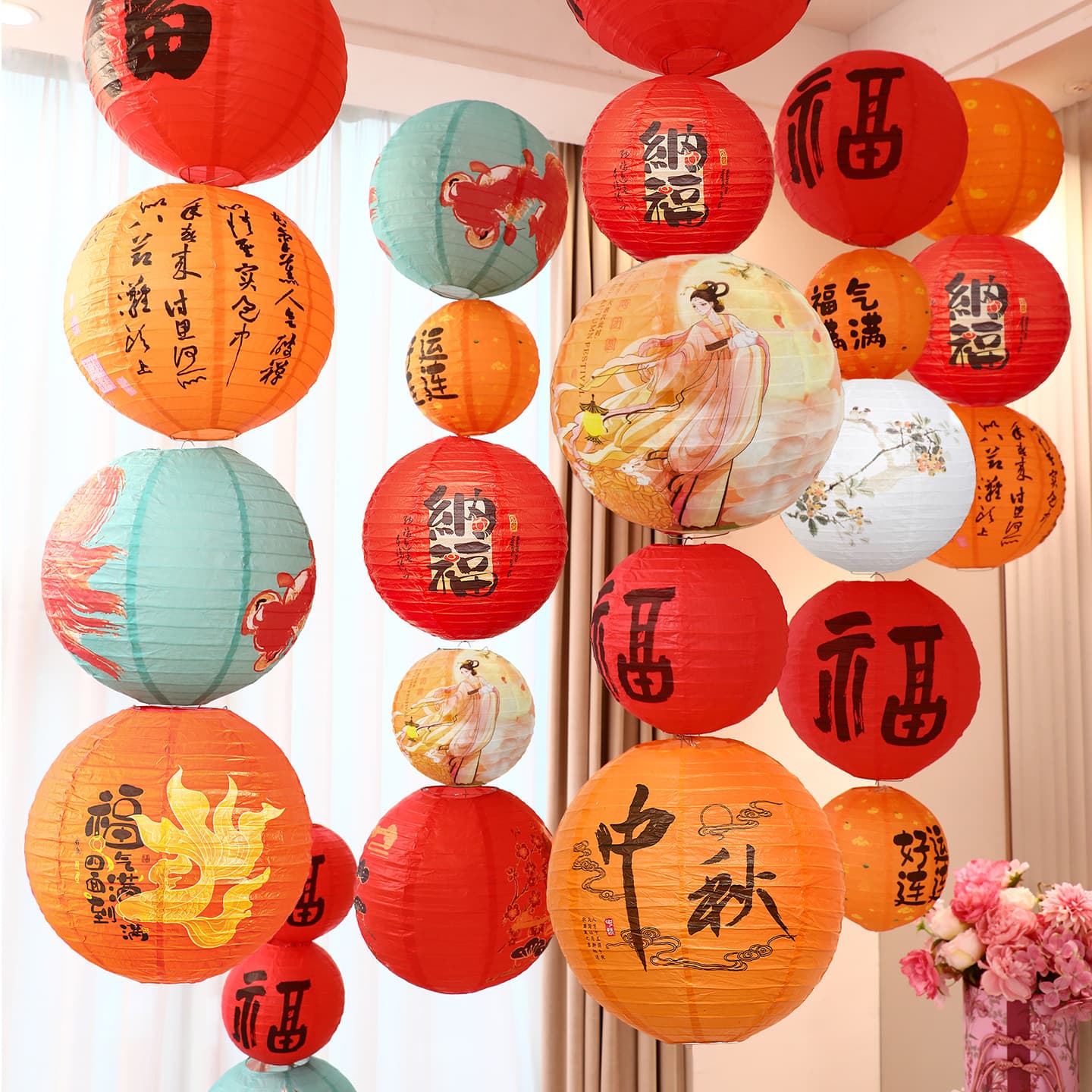 Mid-Autumn Lantern Hanging Decoration, Chinese Style Festival Decoration, Pull-String Lantern, Rainproof Oil Paper Material, for Shopping Mall and Store Decoration