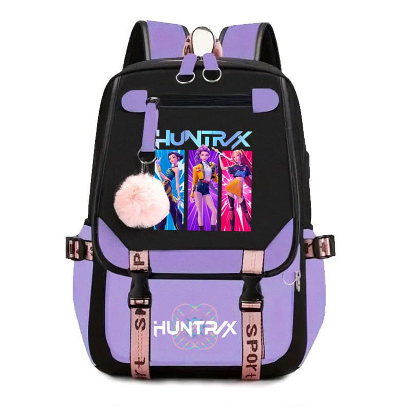 Kpop Hunting Girl Group Movie Print USB Interface Backpack School Bag Student Campus Backpack with Fur Ball