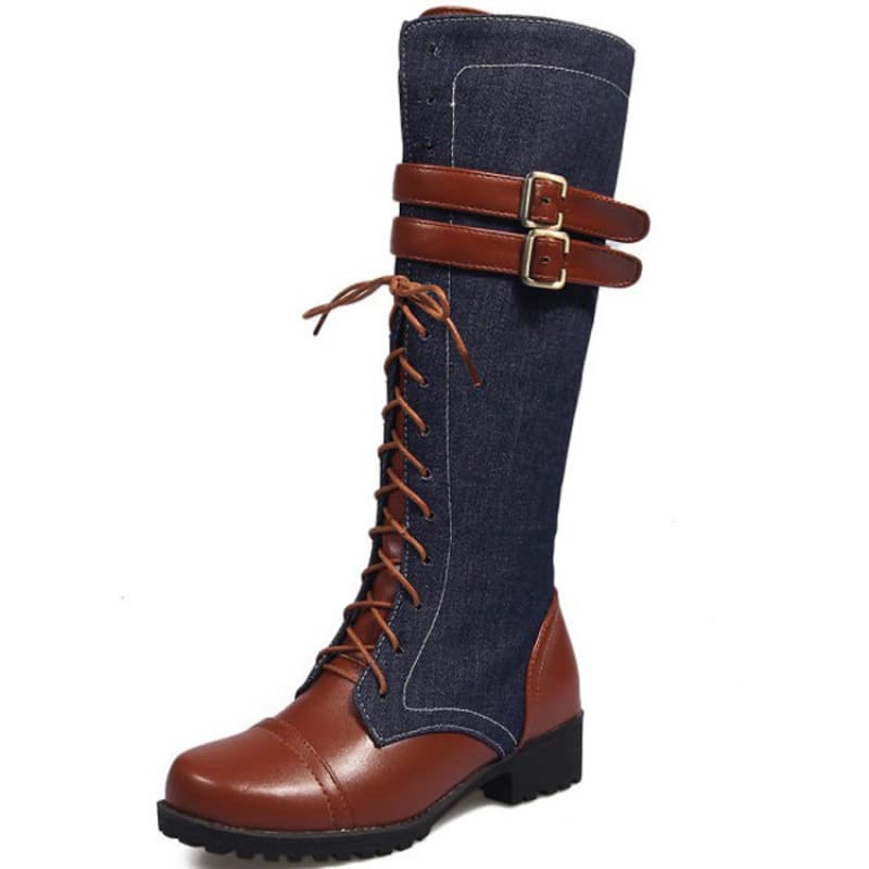 Color-Blocked High-Top Riding Boots with Belt Buckle, Women's Foreign Trade Boots, Large Sizes 40-47, Women's Boots Xa3253