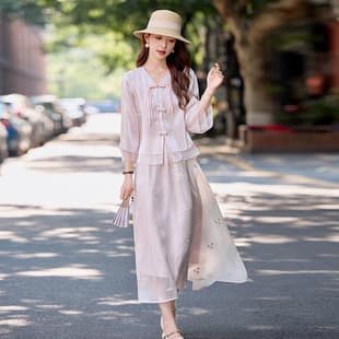 New Chinese Style Sweet Pink Suit Dress Set for Women, 2026 Summer New Disc Button Embroidery Top and Skirt Two-Piece Set