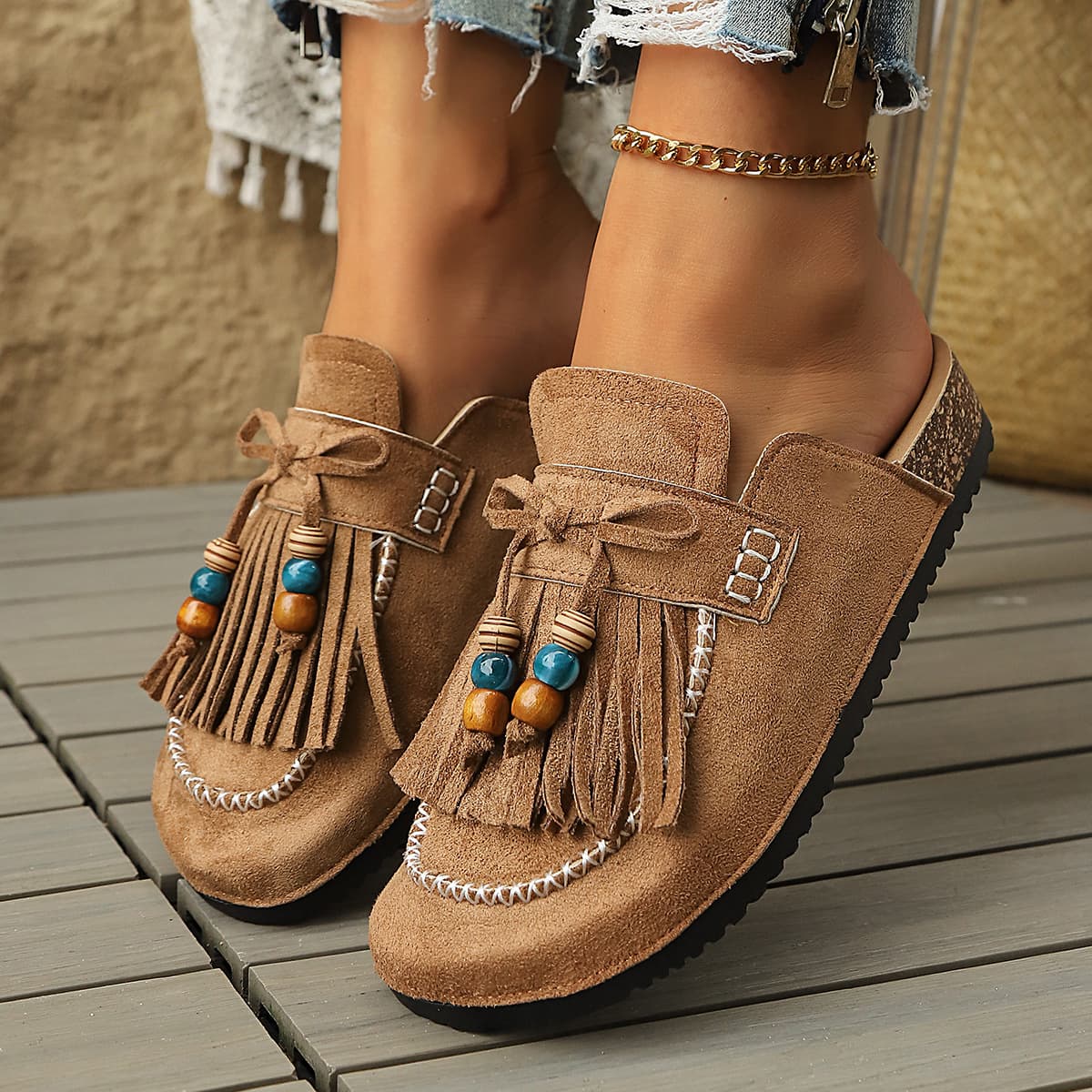 Thick-soled closed-toe slippers with tassel beaded decoration, summer ethnic style, comfortable slippers for outdoor wear, export large size half slippers