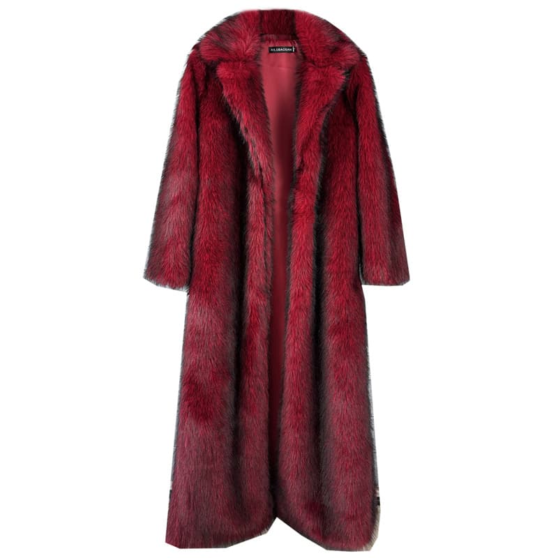 Black Silk Coffee Red Fox Faux Fur Toca Coat for Women, Faux Fur Long Style with Suit Collar, Extra-Length Winter Overcoat