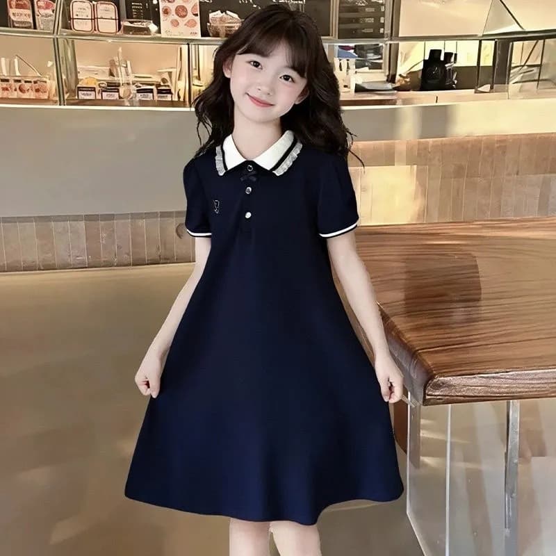 Girls Summer Dress New Style, Middle and Older Kids Fashionable Polo Collar Short Sleeve Princess Dress, School Style Skirt