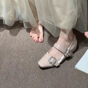 French Elegant Rhinestone Square Buckle Mary Jane Shoes for Women 2026 Summer New Gentle Pairing with Dresses Flat Nude Ballet Flats