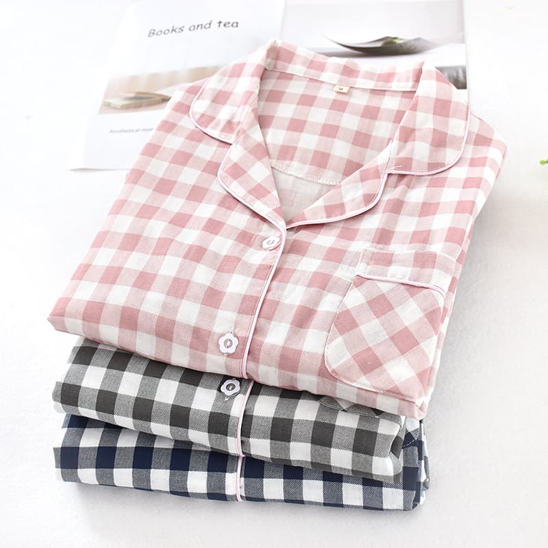 Couple Plaid Pajamas Spring Autumn Cotton Gauze Women's Long Sleeve Loungewear Thin Men's Short Sleeve Cotton Cardigan Set