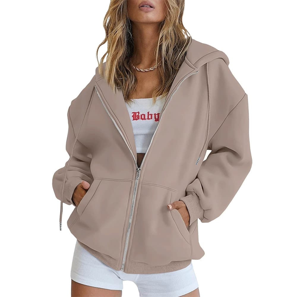 Women's Casual Loose Solid Color Zip-Up Hoodie, American Style Trendy Sportswear Top, Versatile