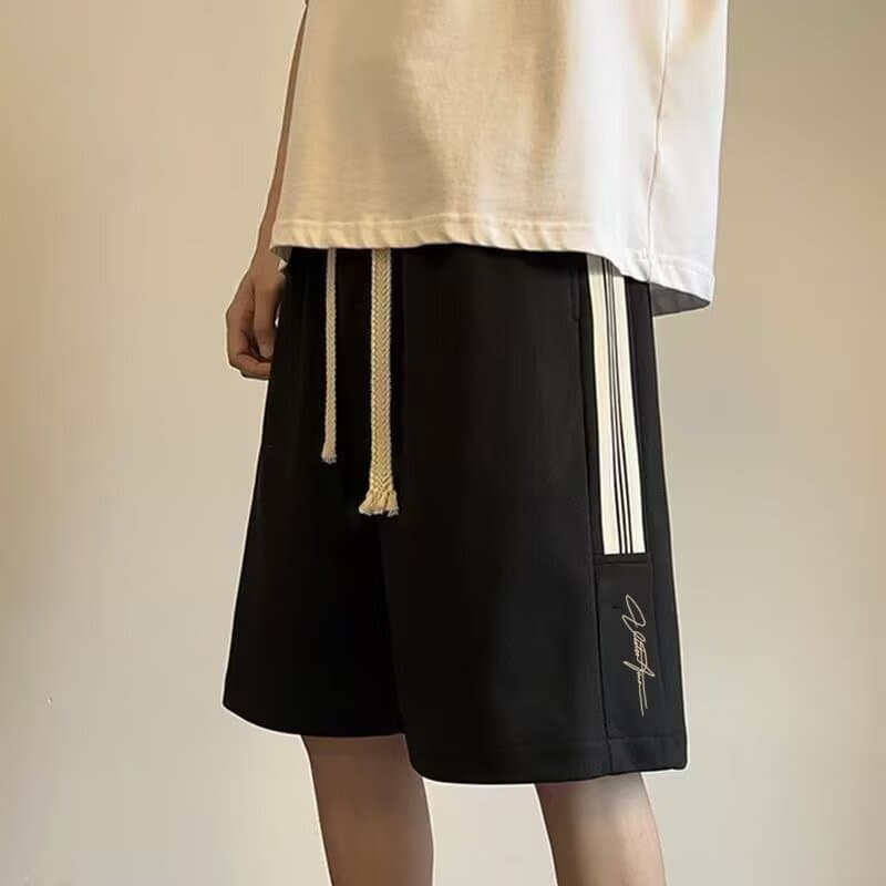 Men's Knee-Length White Striped Sports Running Shorts for Junior High School Girls, Casual Mid-Length Shorts, Plus Size Large Shorts