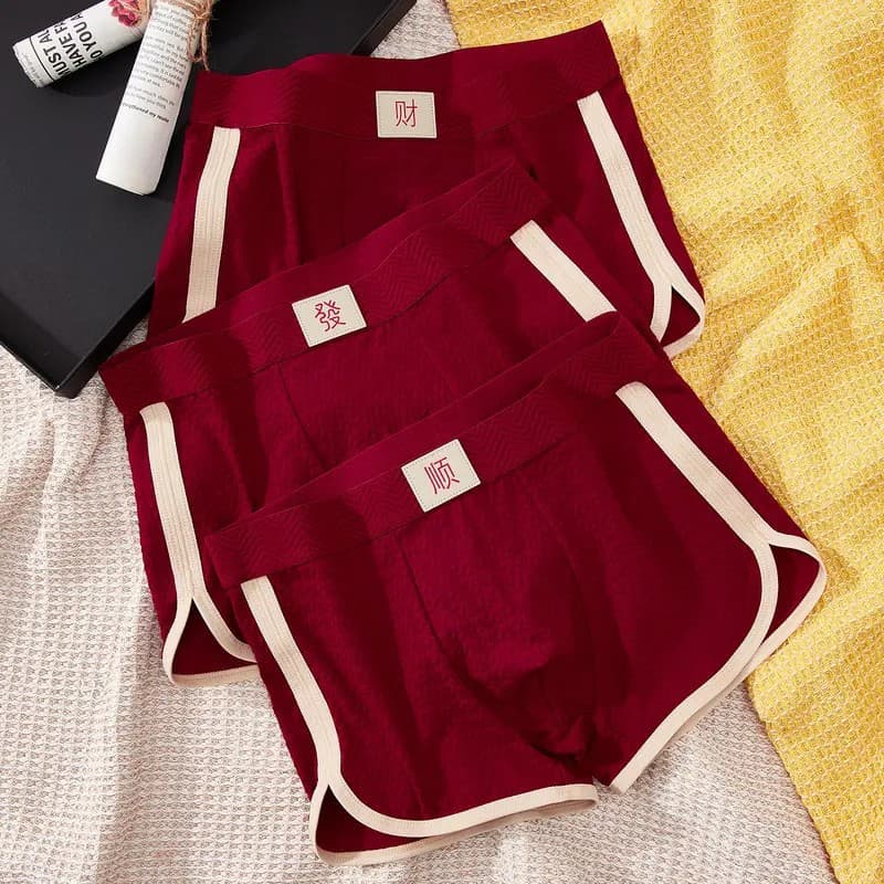 Men's Zodiac Year Underwear Wedding Skin-Friendly Letter Breathable Red Mid-Waist Comfortable Boxer Briefs for Men Autumn and Winter Underpants