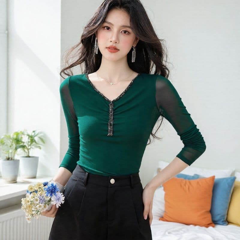 Fashionable and beautiful beaded mesh bottoming shirt for women spring 2026 new temperament lace top casual versatile shirt